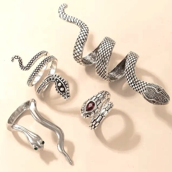 Snake Rings Finger Silver Alloy 4pc Goth Emo Scene Rave Serpent Statement Trendy - Picture 2 of 4